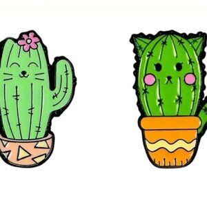 Set 1 of Cat Cactus Enamel Pins - Cute Plant (2 pins included)